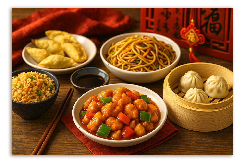 Chinesische Lebensmittel online kaufen Traditionelles chinesisches Gericht mit gebratenem Reis, Nudeln, Dumplings, Baozi und süß-sauren Hähnchenwürfeln, serviert auf einem Holztisch.