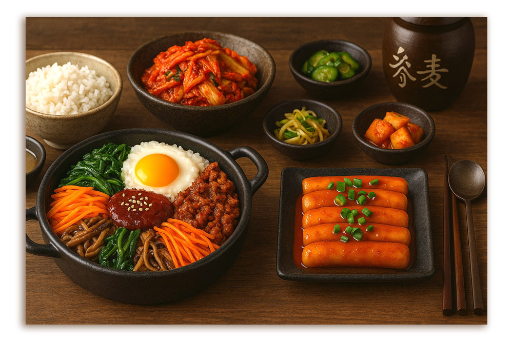 Koreanische Lebensmittel online kaufen Koreanische Spezialitäten mit Bibimbap, Tteokbokki, Kimchi und Reis, serviert in Schalen mit Beilagen auf einem Holztisch.